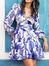 Fashionable And Versatile Flower Bouquet Print Lantern Sleeve Tie Dress